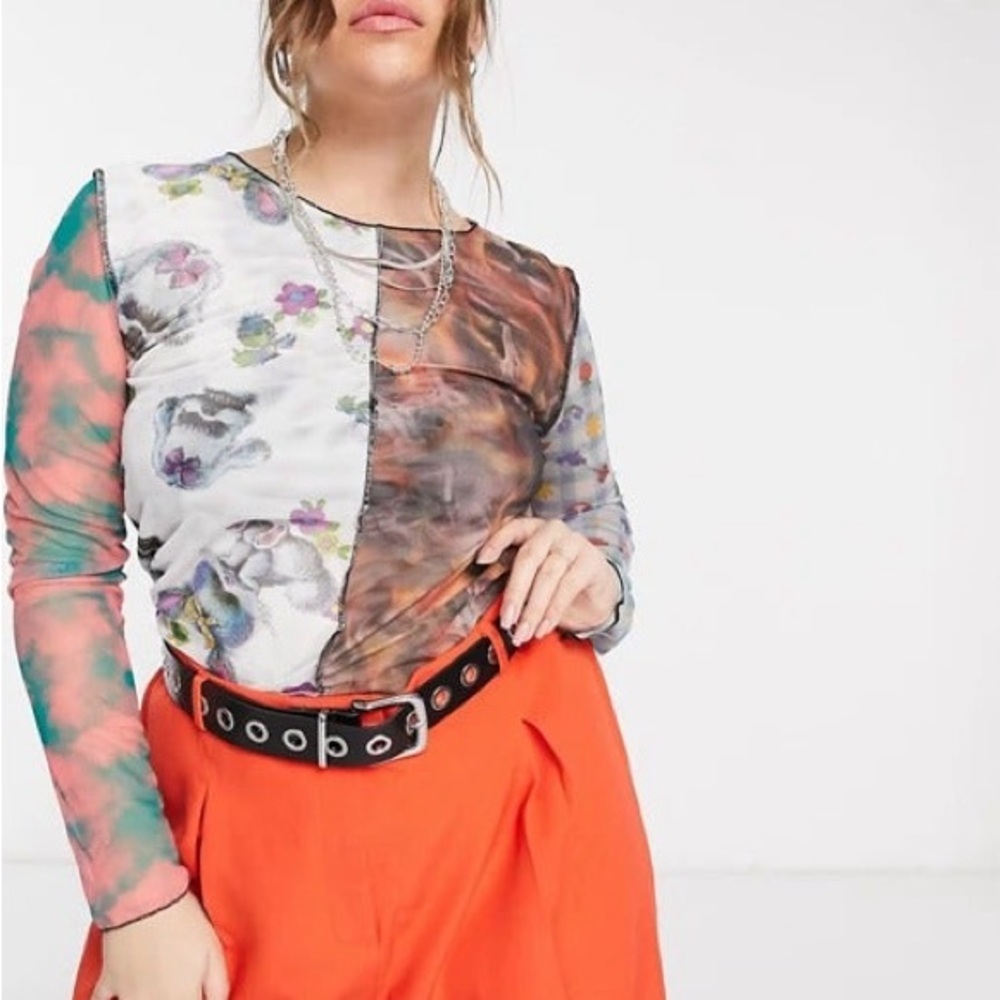 Multicolor Graphic Spliced Patchwork Mesh Long Sl… - image 4